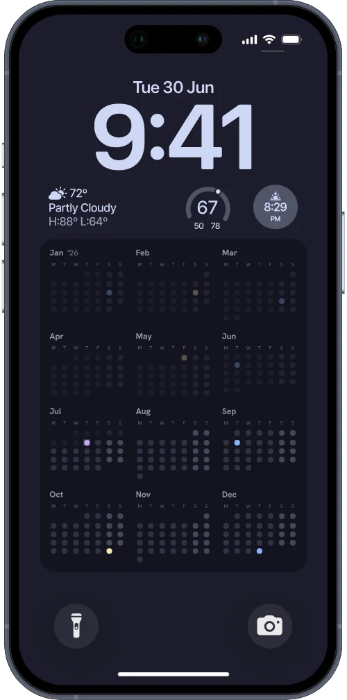 iPhone with the year-calendar wallpaper — twelve months of day dots in Catppuccin's pastel dark, today lit mauve